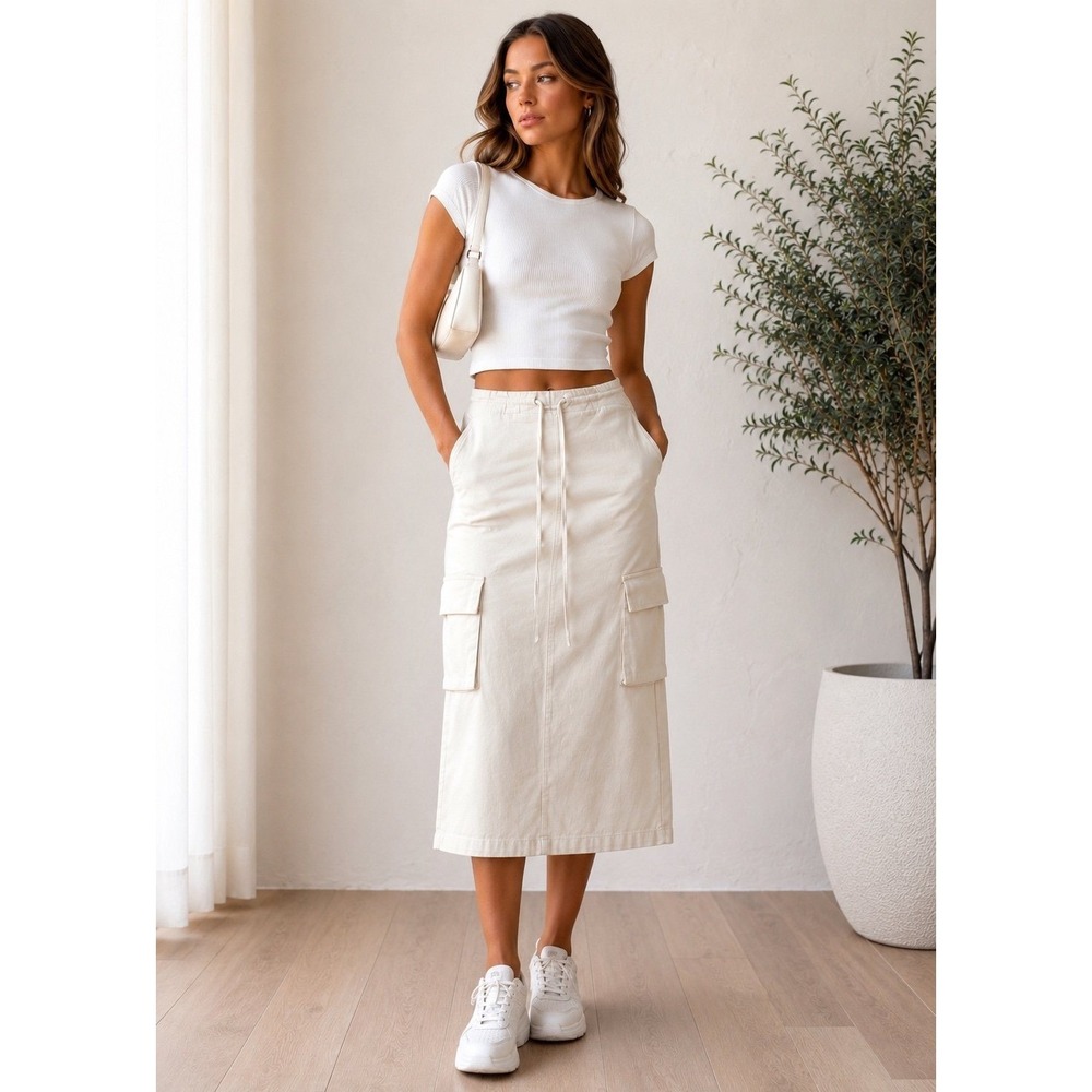 Princess Polly Cream Cargo Midi Skirt Women's US 4 EU 36 Drawstring Stretch